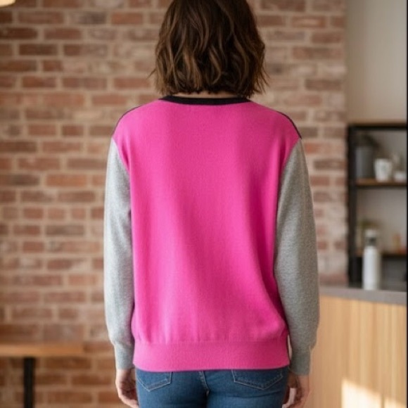 Autumn Cashmere 100% Cashmere Colorblock Sweater L Pink Grey Fuzzy Soft Luxury - Picture 2 of 16
